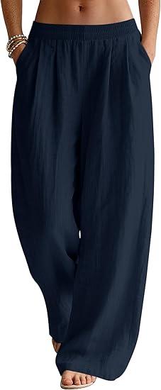 LOMON Linen Pants Women Wide Leg Palazzo Summer Flowy Pants Beach Vacation Clothes Elastic Waist Travel Trousers with Pockets, Navy Blue Large