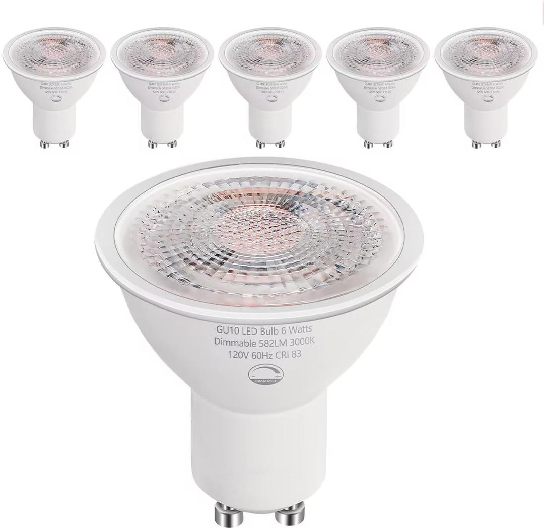 6-Pack GU10 LED Bulbs Dimmable,6W (50W Equivalent), 3000K Soft White 582 Lumens, Perfect for Recessed Lighting, Track Lighting, Accent Lights(Not for Candle Warmers)