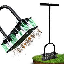 Lawn Aerator & Aerator Lawn Tool - Manual Yard Aerator for Lawn with 15 Spikes, Automatic Dirt and Leaf Clean Design, Adjustable T-Handle, Pre-Assembled Lawn Aerator Tools (Black)