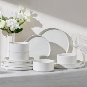 E-far 12-Piece Plates and Bowls Sets, Stoneware Dinnerware Dishes Sets for 4, Kitchen Modern Dining Dishware, Chip & Scratch Resistant, Microwave & Dishwasher Safe, Speckled White