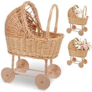 Large Wicker Flower Girl Basket with Handle Vintage Wicker Baby Carriage for Baby Shower Decorative Woven Rattan Stroller Shaped Flower Basket for Wedding Floral Arrangement