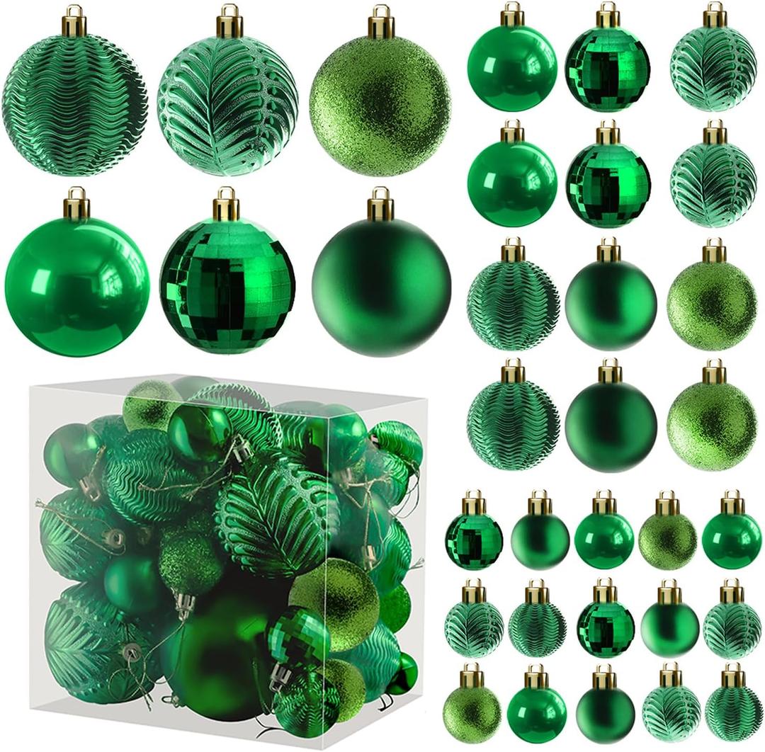 Prextex 36-Pieces Green Christmas Ornaments Set - Shatterproof, Festive Christmas Tree Balls Decorations in 3 Sizes and 6 Styles with Hanging Loops for Tree, Wreath and Dazzling Holiday Party Decor