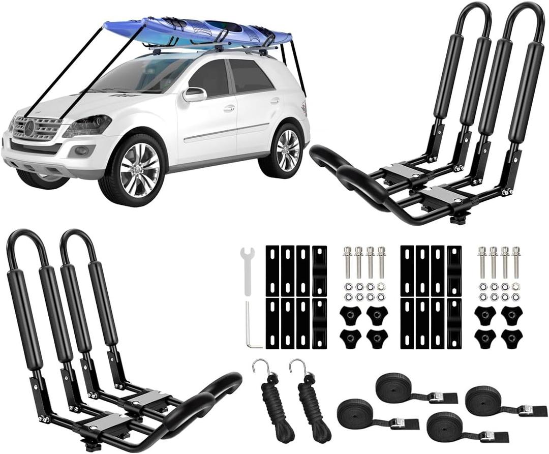 DRSPORTS 2 Pairs Heavy Duty Universal J-Bar Kayak Rack Roof Top Carrier for Kayak Canoe Paddle Boat Mounted on Car SUV, Car and Truck Crossbar with 4 pcs Tie Down Straps