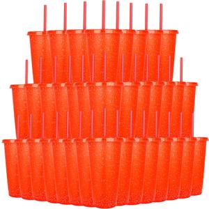 Suertestarry 36 Pack Plastic Reusable Cups 24oz Bulk Tumblers with Lids and Straws for Adults Kid Women Party, Smoothie Cups for Iced Coffee Travel Cup (Orange)