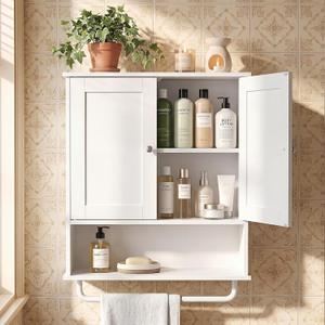 VASAGLE Siren Collection - Hanging Bathroom Cabinet with Towel Rod, Farmhouse Wall Storage Cabinet, with Adjustable Shelf, and Doors, 7.9 x 20 x 23.6 Inches, Cloud White UBBK149WB01S