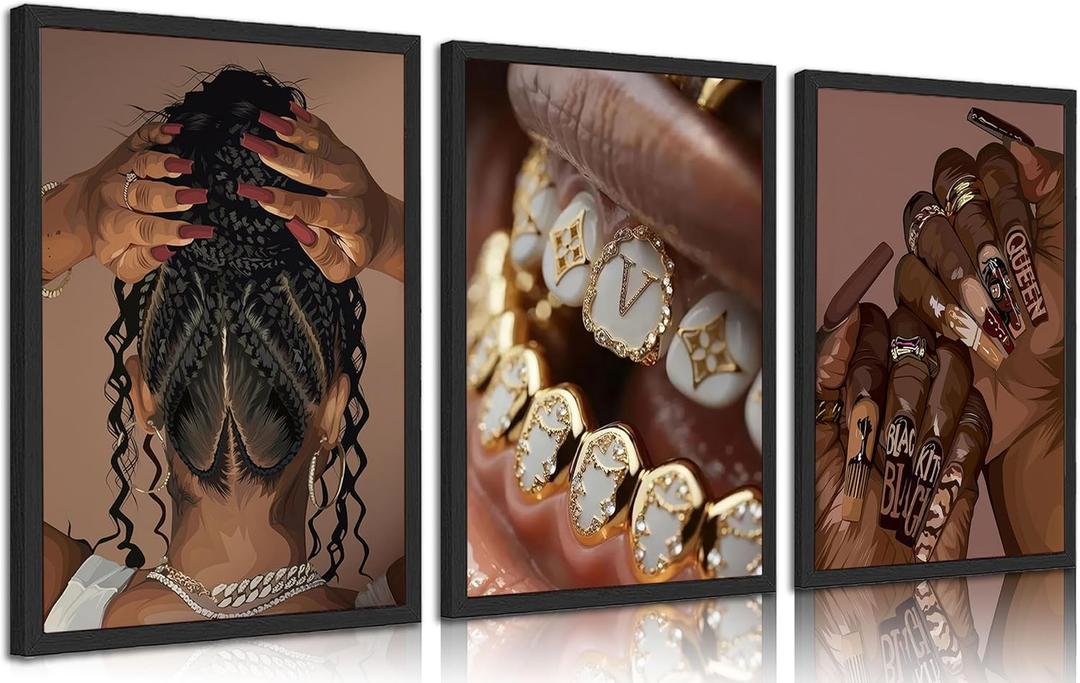 3pcs Trendy Black Woman Canvas Wall Art Fashion Black Girl Posters Prints African American Woman Wall Decor Pictures for Home Living Room Bedroom Bathroom Decoration Unframed (16x24in-Posters, black woman1)