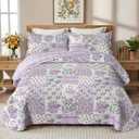 Purple Patchwork Queen Quilt Floral Queen Size Quilt 3 Pieces Full Bedding Set Reversible Soft Lightweight Bedspread Coverlet for All Season, 90"x96" (1 Quilt, 2 Pillow Shams)