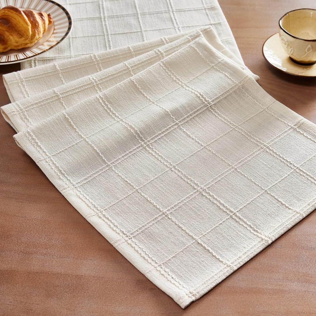 ZeeMart Linen Checked Table Runner, 13x72 Inches Ivory, Textured Woven Farmhouse Table Runners 72 Inches Long, Off White Plaid Dresser Scarf for Kitchen Dining Holiday Everyday Decor