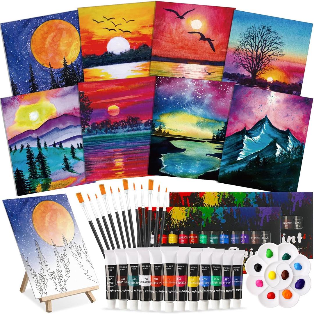 Cholemy 36 Pcs Paint and Sip Kit for Adults 8''x10'' Pre Drawn Canvas for Painting DIY Afro Acrylic Painting Kit Wood Easel Brushes Date Night Bulk for Mother's Day Party Gifts(Mountain)