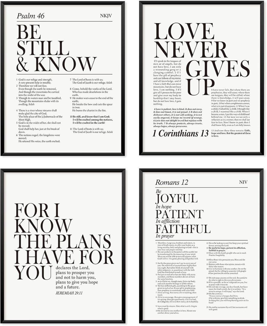 Locomiss Black and White Christian Wall Art Decor, Modern Bible Verse Prints, Minimalist Jesus Scripture Wall Decor, Inspirational Bible Posters for Bedroom Office Living Room, Set of 4 (8x10 Unframed)