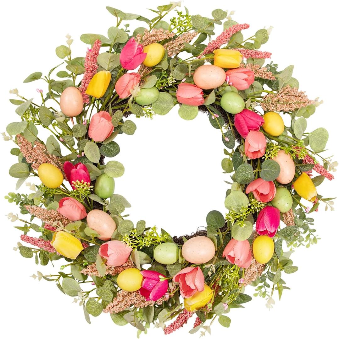 22 Inch Easter Wreaths for Front Door, Egg Wreaths with Tulips and Eucalyptus Leaves, Spring Decorations Outdoor Indoor Outdoor Farmhouse Rustic Easter Door Decor