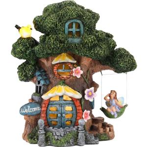 Fairy House Garden Outdoor Decor, Large Garden Gnome House and Fairy Figurines with Solar Lights Waterproof Resin Ornaments Decorations for Patio Yard Lawn