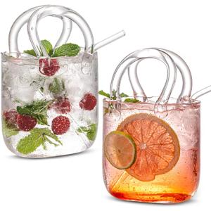 Glass Purse for Drinks Set of 2,24oz Unique Funky Thick Wine Glasses Gifts for Women Party,Fish Bowl Vase,Creative Unique Drinking Glass for Fruit Juice,Tea,Matcha,Coffee,Flowers (Bubbled)