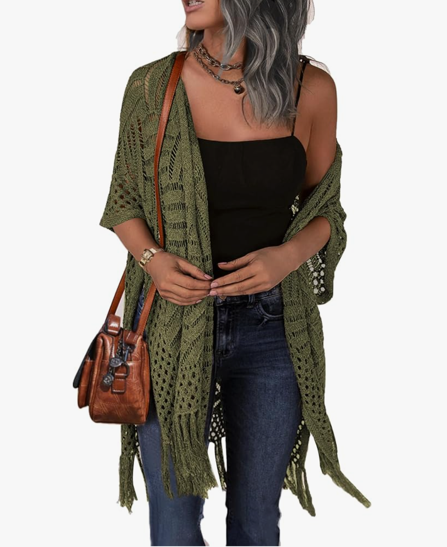 HOTOUCH Womens Knit Cardigan Open Front Outwear Hollow Out Crochet Tassel Lightweight Kimonos Sweater L