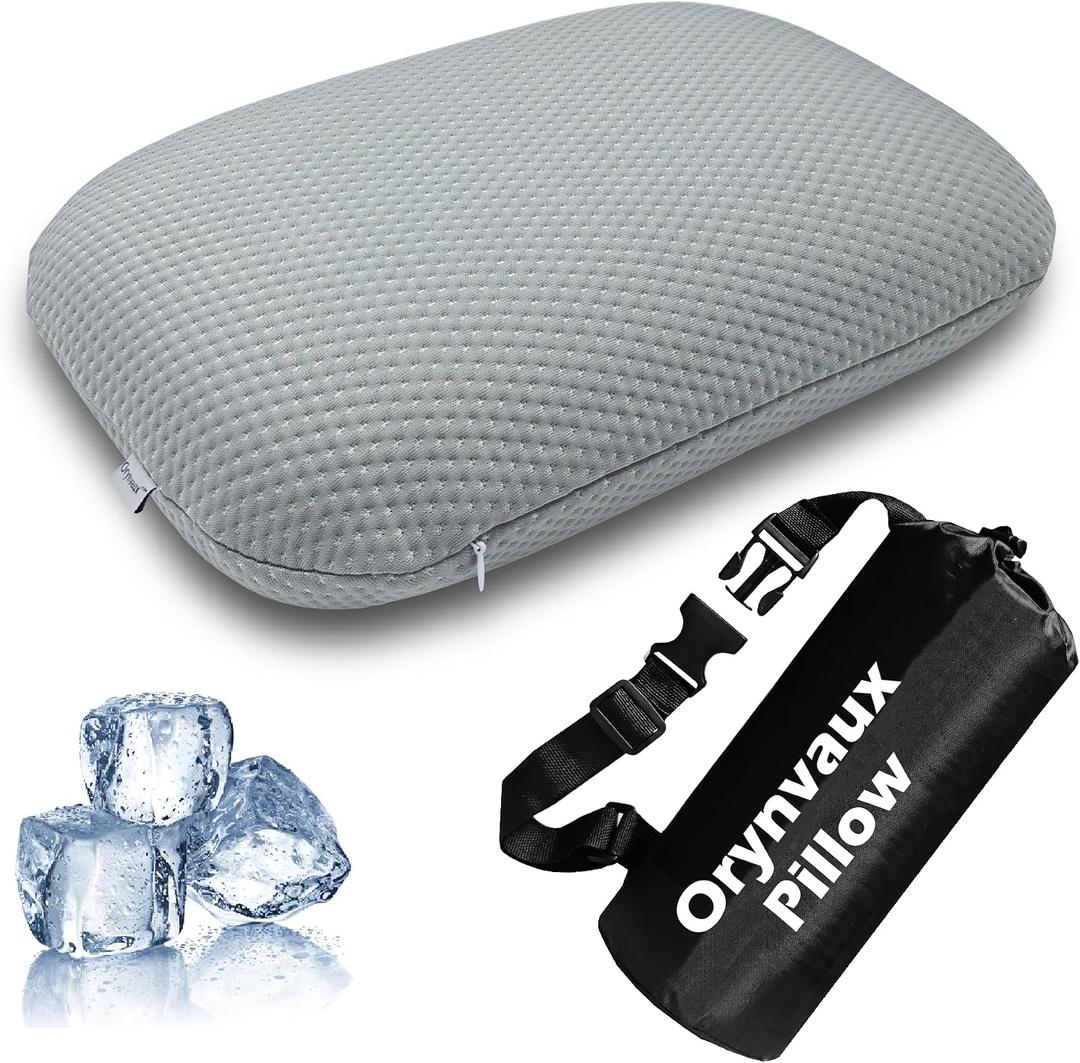 Cooling Camping Pillow, Memory Foam Travel Pillow with Adjustable Buckle Strap & Storage Bag, Compact Small Pillow for Airplane, Car Lumbar, Office, Washable Cooling Cover, Quarry Grey