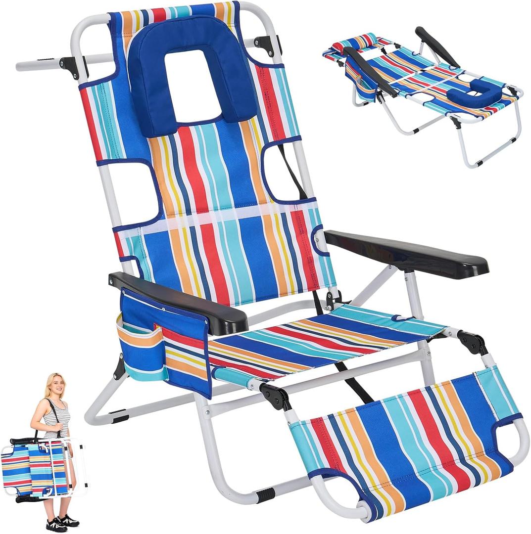 5 Position Folding Beach Chair with Face Hole, Portable Backpack Foldable Lounge Chair w/Headrest & Armrest, Heavy Duty Lay Flat Tanning Chair for Face Down Reading for Adult,440lb Capacity, Blue Stripes