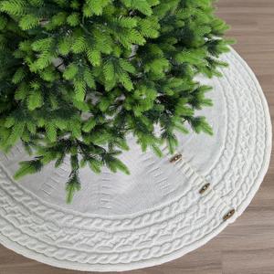 72-Inch Cable Sweater Knit Christmas Tree Skirt with Wooden Toggles, Cream