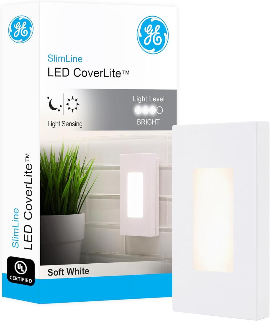 GE SlimLine CoverLite LED Night Light, Plug-in, Dusk to Dawn, Modern Outlet Cover, UL Certified, Ideal for Bedroom, Nursery, Bathroom, Hallway, 10215 (White Rectangle)