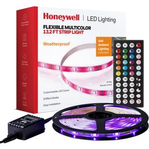Honeywell 13.2ft Weatherproof 20-Color LED RGB Strip Light for Indoor and Outdoor Use, with Remote Control, Dimmable Lights, 4 Music Sync Modes, 8 Effects Modes