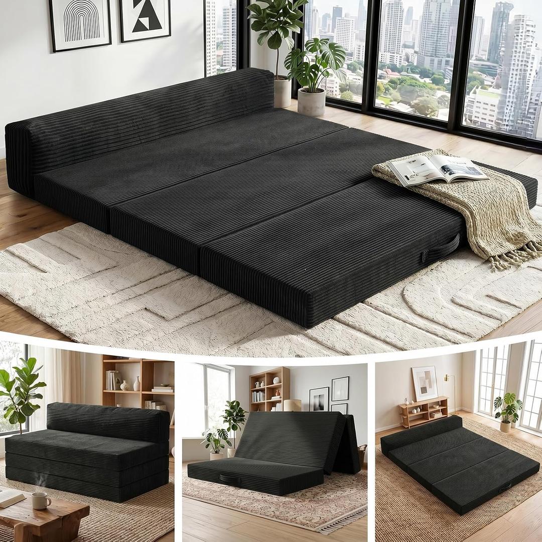 JUIKURY 5 in 1 Foldable Floor Sofa Bed, Tri-Fold Memory Foam Futon Mattress, Convertible Sleeper Couch Guest Bed, Portable Fold Out Sofa Couch for Living Room Apartment Office Guest Room, Queen