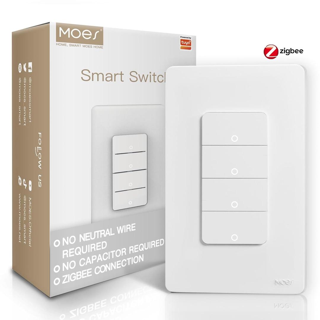 MOES Zigbee Smart Switches 4 Gang, No Neutral Wire, Require MOES Zigbee Hub, Inteligente Single Pole Light Switch, Compatible with Alexa Google Assistant, Support Tuya Smart Life (White)