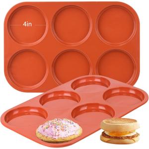 2 Pack Silicone Muffin Top Pans for Baking 4" Jumbo Size 6-Cavity Large Round Silicone Baking Mold for Whoopie Pie Pan,Hamburger Bun, Corn Bread, Candy, Eggs, Muffin, Soap