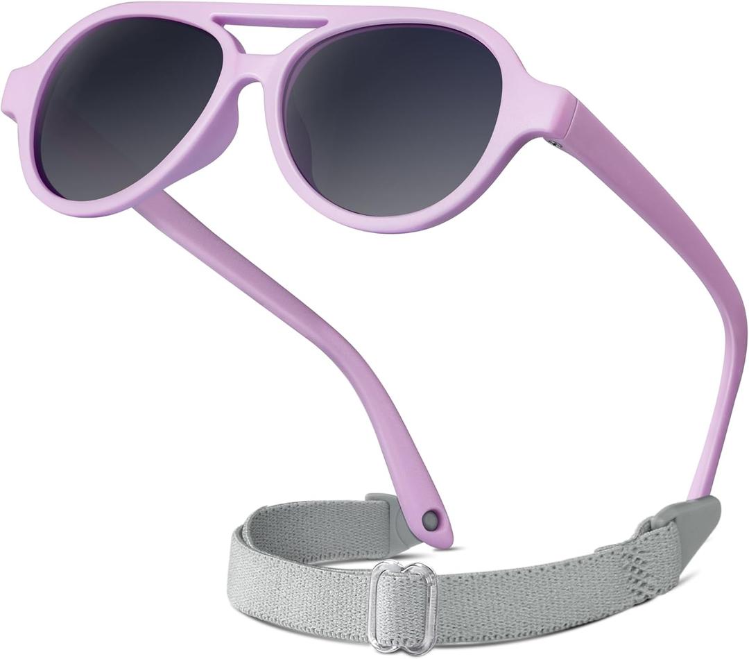 RIVBOS Baby Aviator Wrap Polarized UV400 Sunglasses Soft Frame Secure Strap Toddler,Infant and Newborn (0-18 Months) RBK068 (Purple&grey Lens)