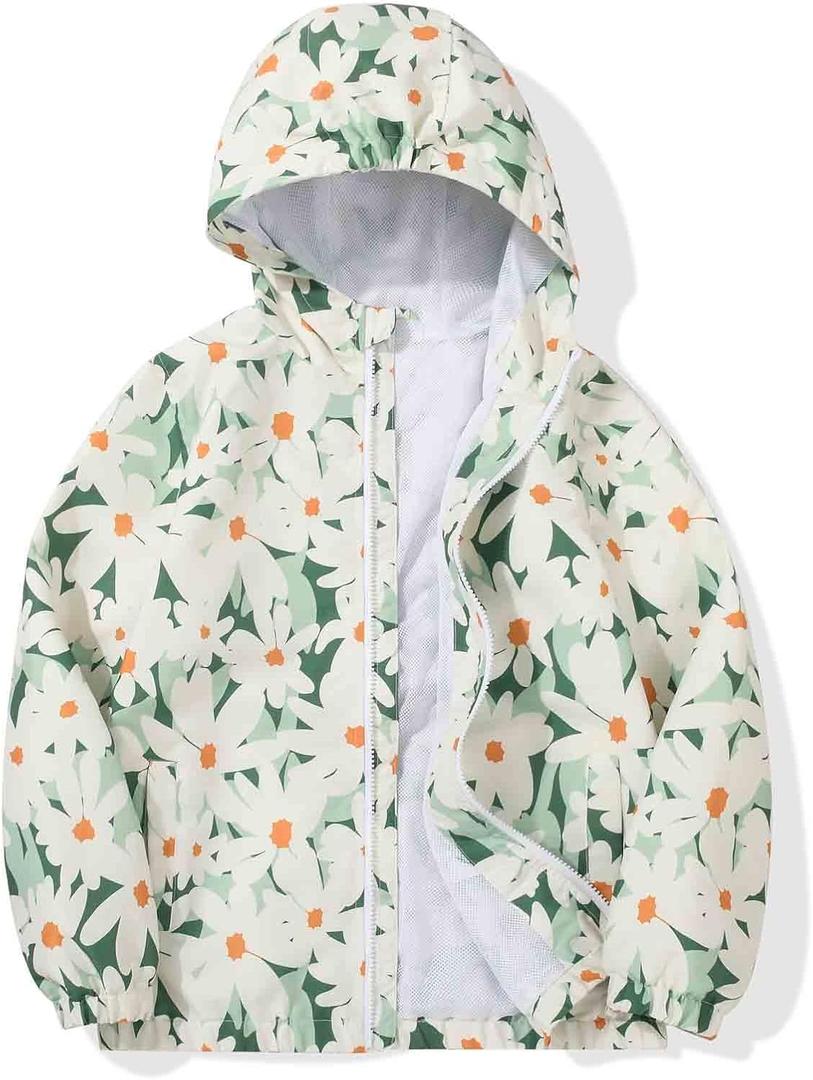 SUNDAY ROSE Girls Windbreaker Jackets Lightweight Water Resistant Coat Outwear with Hooded for Kids (8, Green Daisy)