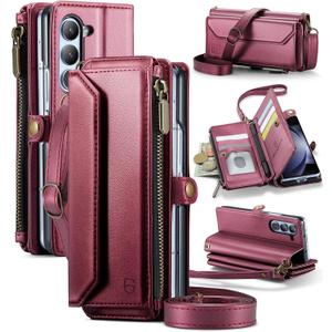 Crossbody Wallet Case Compatible with Samsung Galaxy Z Fold 5 with RFID Blocking Card Holder & Pen Holder Slot Soft PU Leather Shoulder Strap Zipper Pocket Purse Fold 5 Phone Case, Wine Red