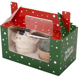 15 Pcs Christmas Cupcake Boxes With Window,Insert And Handle Holds 2 Standard Cupcake,Cupcake Holder Carrier Bakery Pastry Boxes For Muffin 6.5 X 3.6x 3.5 Inch (Christmas 01)