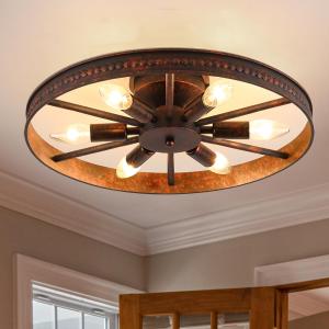 Farmhouse Round Semi Flush Mount Ceiling Light Red Rust Finish Dining Room Lighting Fixture Vintage Metal Ceiling Chandelier for Kitchen Bedroom 6 Light E12 18 Inches (6 Light)