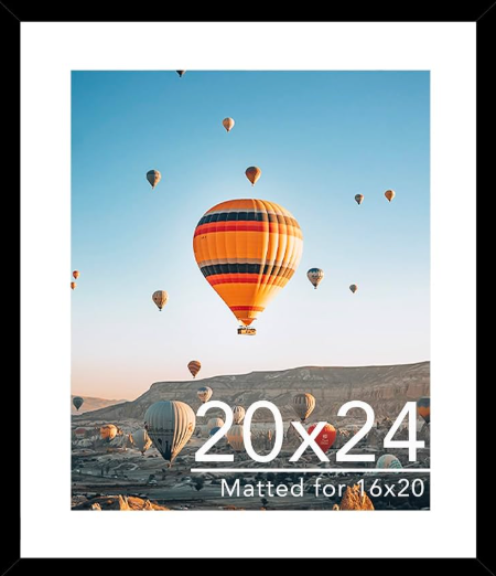 JCJMY 20x24 Picture Frame with 16x20 Mat, Display Photo 16x20 with Mat or 20 x 24 Without Mat, Wall Hanging Large 20 by 24 Poster Frame with Plexiglass, Black
