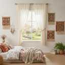WAZZIO Boho Lace Curtains 2 Panels 63 Inches -Cute Vintage Victorian Sheer Panel Drape French Country Floral Pattern & Tassel Light Filtering Privacy for Bedroom Dining Living Room,Beige,W52x L63