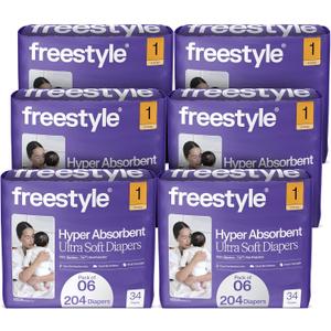 Freestyle BambooTek Diapers - (Size 1) Hyper Absorbent & Non-Toxic  Disposable Diapers for Sensitive Skin  Ultra Soft Diapers (8-14 lbs)  204 Count