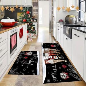 Christmas Kitchen Rugs Set of 2, Black Xmas Gnomes Snowman Merry Christmas Kitchen Mats for Floor Decor (Black, 19.7"x31.5"+19.7"x47.3")