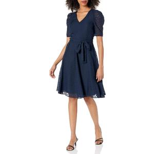 Tommy Hilfiger Women's Puff Sleeve V-Neck Tie Waist Chiffon Mini Dress (10)