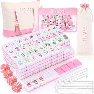 American Mahjong Set, 160 Pink Mahjong Tiles 4 Rack Pushers 4 Dice 3 Bags | 1.2'' Melamine Tiles, All-in-One Rack Pushers, Botanical Art, Clear Symbols, for Family Beginner Game Table Travel Collection, 1.2 x 0.9 x 0.5 inches