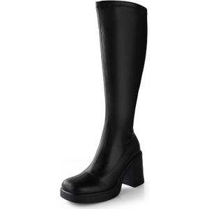 Ankis Knee High Boots Platform Boots for Women Chunky Heel Side Zipper Long GOGO Boots (9.5, Black Pu)