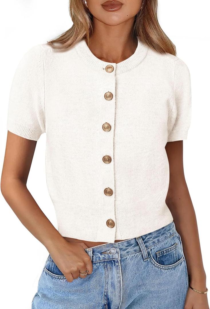 PRETTYGARDEN Womens Casual Summer Short Sleeve Cardigans 2026 Button Down Knitted Sweater Basic Crew Neck Crop Tops S