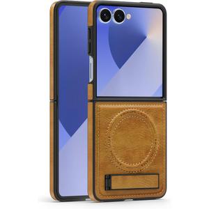 Lunivop for Samsung Galaxy Z Flip 7 Case PU Leather [Compatible with Magsafe Wireless Charging] Magnetic Cover Stand Funda para Z Flip 7 Rugged Best Phone Cases Brown