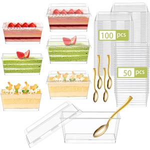 DI QIU REN 150 Pack 5oz Plastic Dessert Cups with Mini Gold Spoons and Lids, Clear Yogurt Parfait Cups Serves 50, Disposable Appetizer Cup for Fruit Pudding Shooter Birthday,Wedding,Party Tasting
