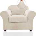 PrinceDeco Velvet Plush Couch Cover Stretch 2 Piece Chair Cover Chair Slipcover Washable Furniture Protector Couch Soft with Elastic Bottom Armchair Cover Width Up to 49 Inch(Small, Ivory)