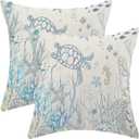 Nautical Coastal Pillow Covers 18x18 Set of 2 Turtle Coral Starfish Seashell Ocean Themed Decorative Cushion Cover Beach Throw Pillow Covers Linen for Home Sofa Couch Outdoor Decor