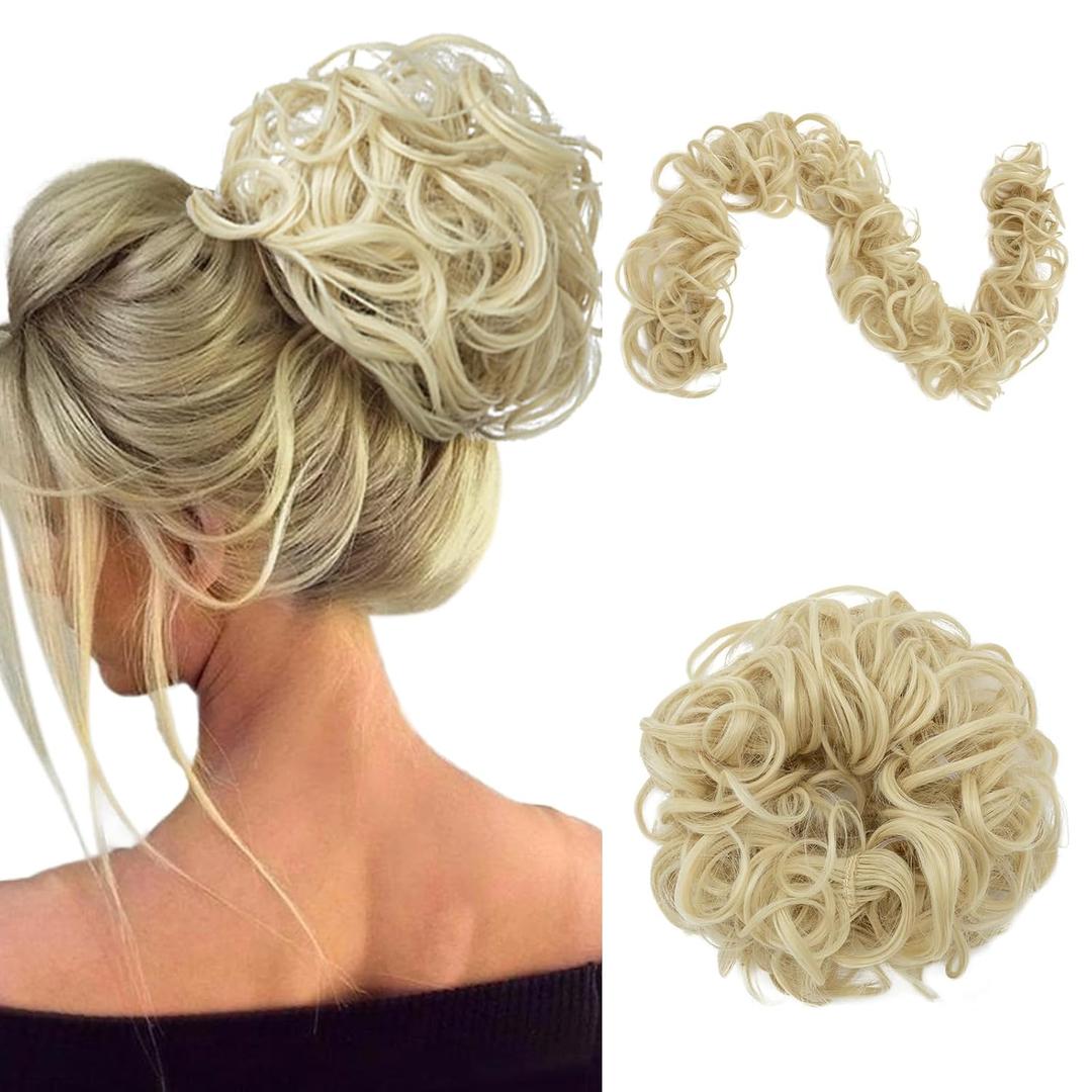 Benehair Messy Bun Scrunchie Hair Piece 32 inch DIY Wrap Around Ponytail Bleach Blonde Fluffy Pony Tail Curly Touseld Hair Bun Juva Bun Hairpiece Wavy Donut Synthetic Chignons for Women 85g