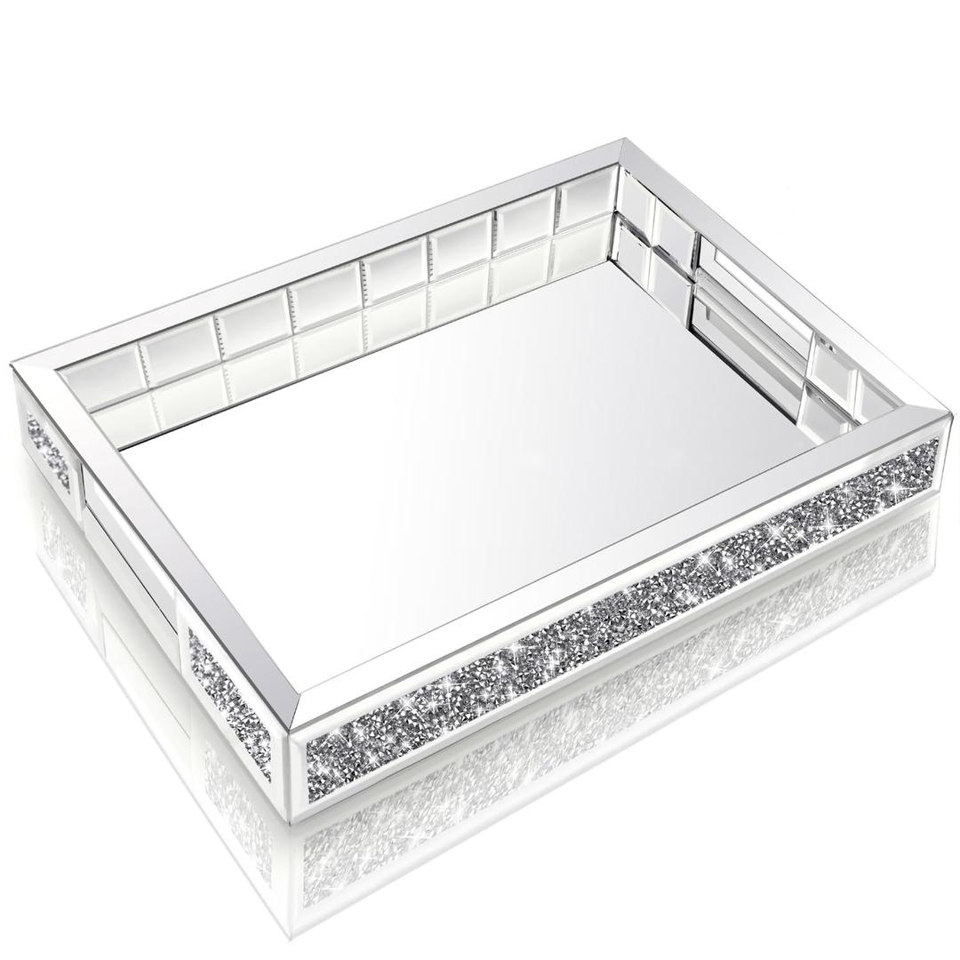 Wocred Mirror Jewelry Organizer Upgrades fits Dresser Bedroom,Crushed Diamond of Each Side Bathroom Tray with Handles,Decorative Serving Tray for Coffee Table Decor(11'x15'x2')