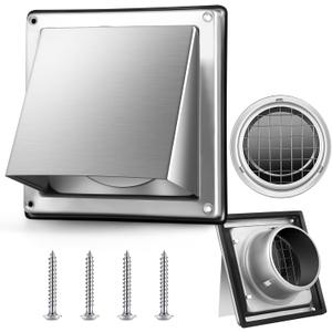 Gisafai 5'' Dryer Vent Cover Outside Walls External Extractor Fan Exhaust Vent Cap Stainless Steel Hood Cushioned Non Return Flap with Sealing Gasket Grille Screen (Silver)