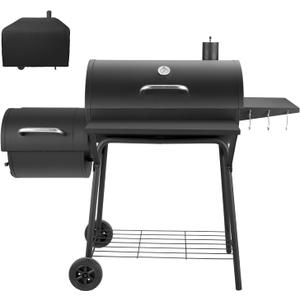 Barrel Charcoal Grill with offset smoker, 714 Square Inches Cooking Area, Outdoor BBQ Grill with Front and Side Shelf, Perfect for Backyard, Patio Parties and Picnics