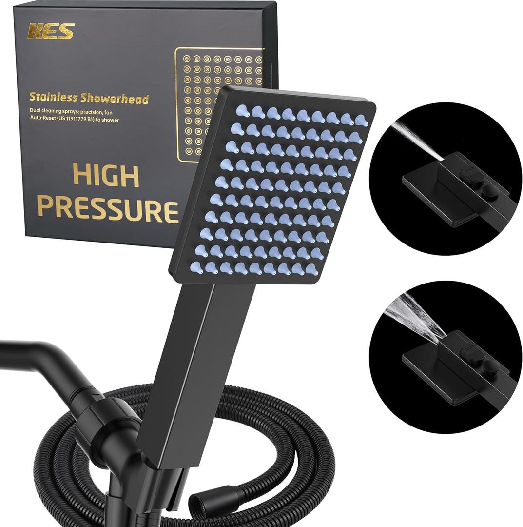 18/8 Stainless Steel Handheld Shower Head, KES High Pressure Rain Shower & Built-in Power Wash with Patented Auto-Reset Design, 70" Long Hose & Adjustable Brass Joint Holder, Matte Black DP300F18-BK