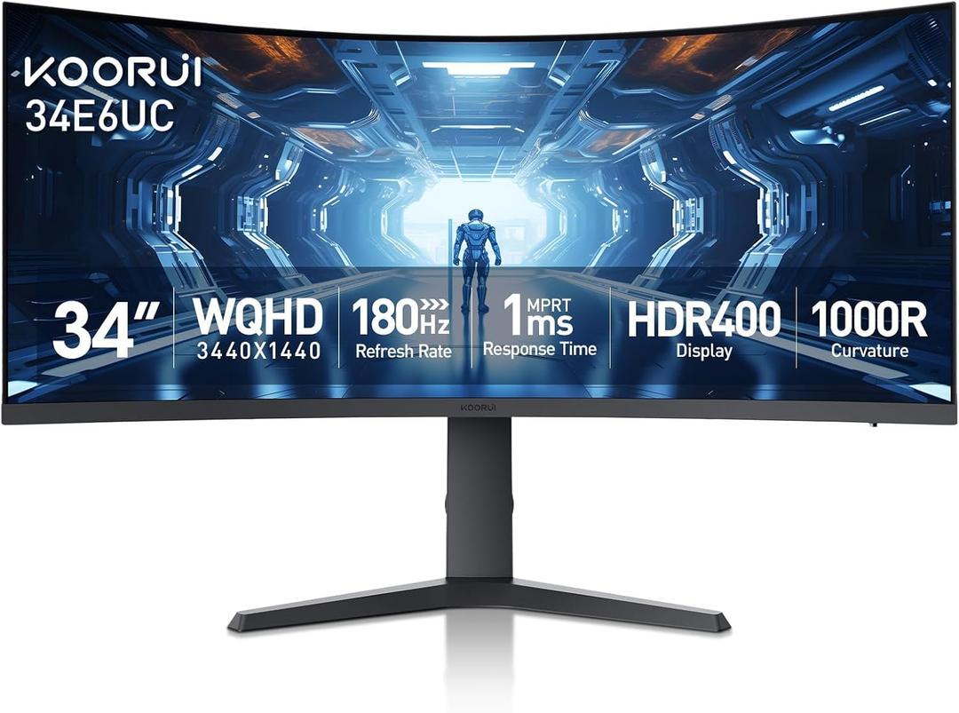 KOORUI 34-inch Curved Ultrawide WQHD 34401440 Gaming Monitor, 180Hz 1000R- PIP/PBP, 1ms(MPRT), HDR400, DCI-P3 95%, FreeSync Premium, 1 x DP 1.4 & 2 x HDMI 2.0, Tilt Height Swivel Adjustment, 34E6UC