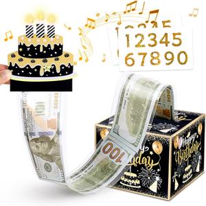 Birthday Money Box, Music & Light Birthday Card with 0-9 DIY Number, Cash Gifts for Women Men Boys Girls, Birthday Party Decoration Supplies (Black Gold)